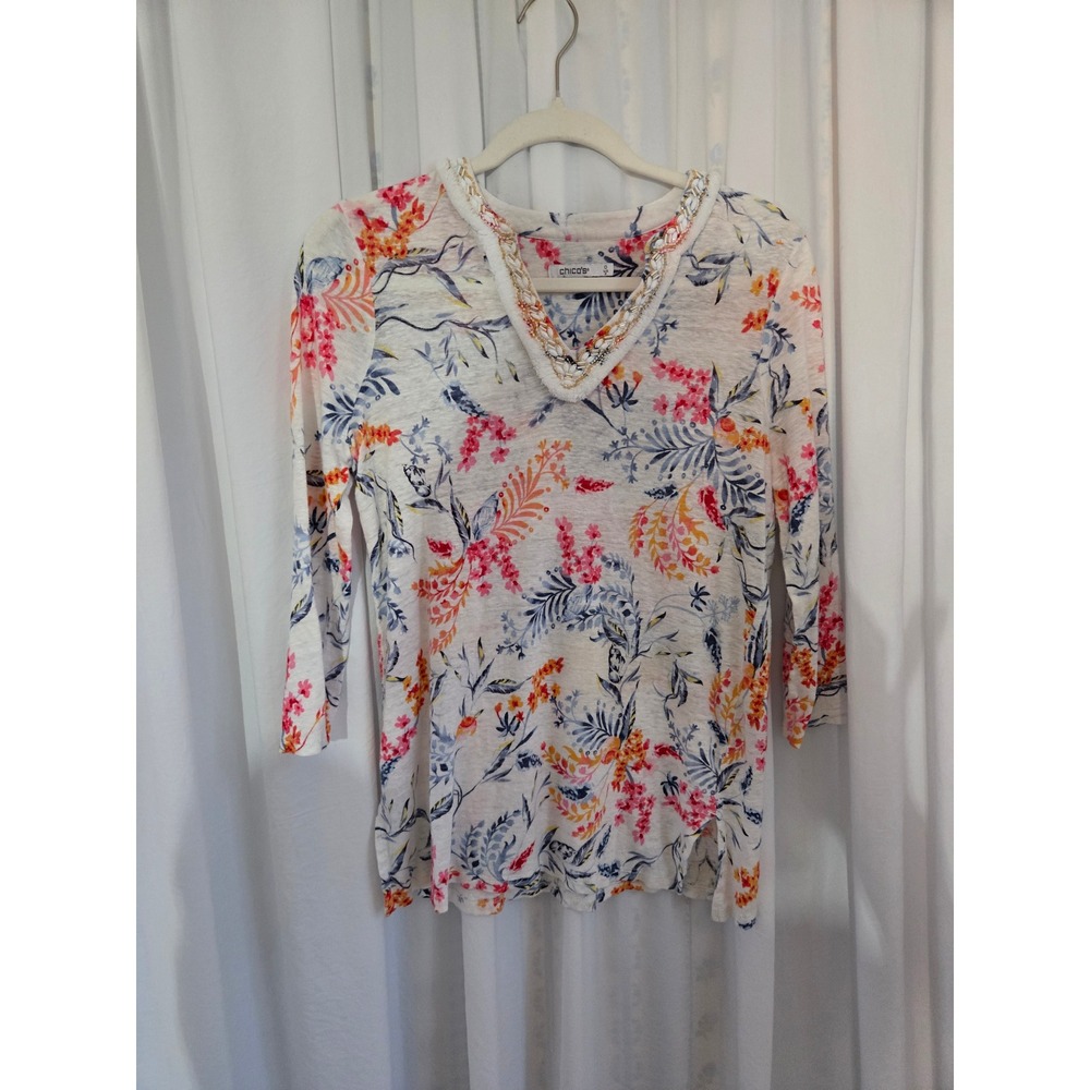 Chicos Linen Tunic Top Floral Beaded V-Neck 3/4 Sleeve White Pink Size 0 S
